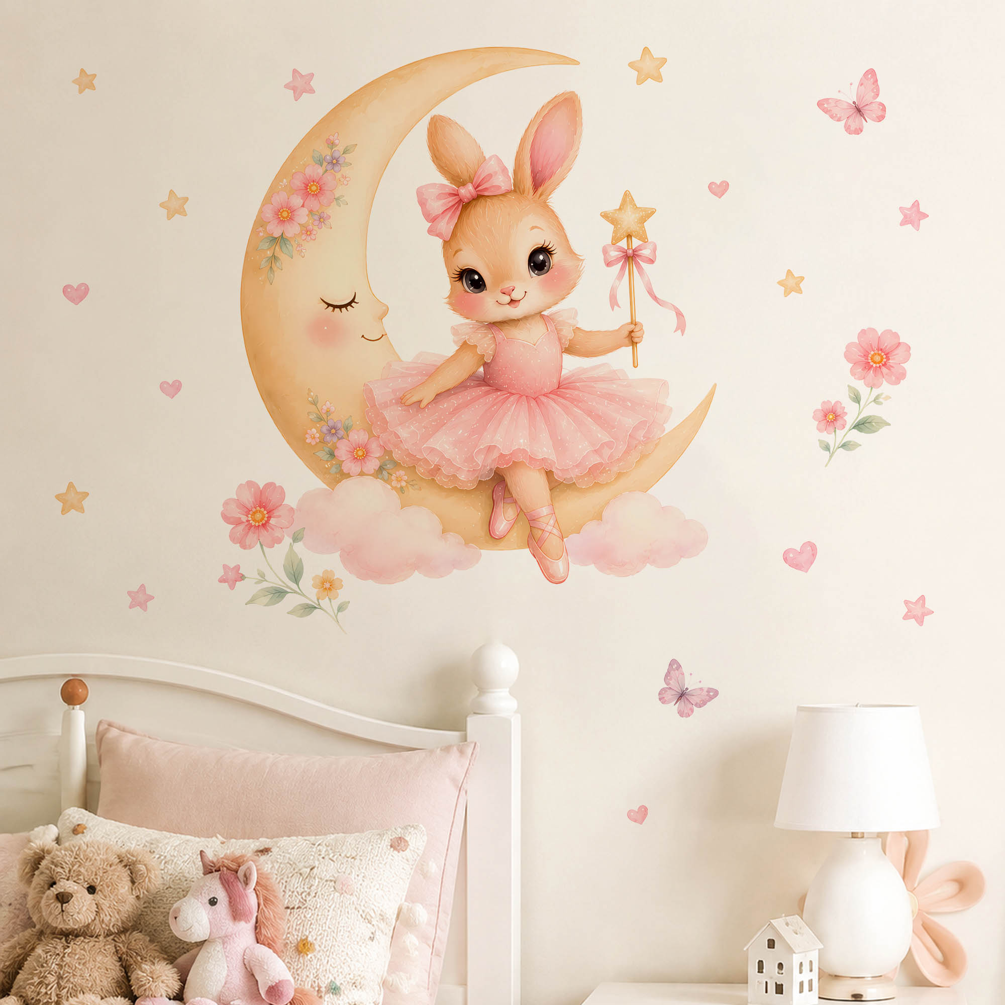 Baby Nursery Hanging Decor - Watercolor Ballerina Bunny Moon Wall Stickers