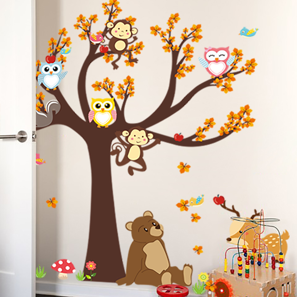 Baby Nursery Decals - Owl Monkey Animals Tree Cartoon Vinyl
