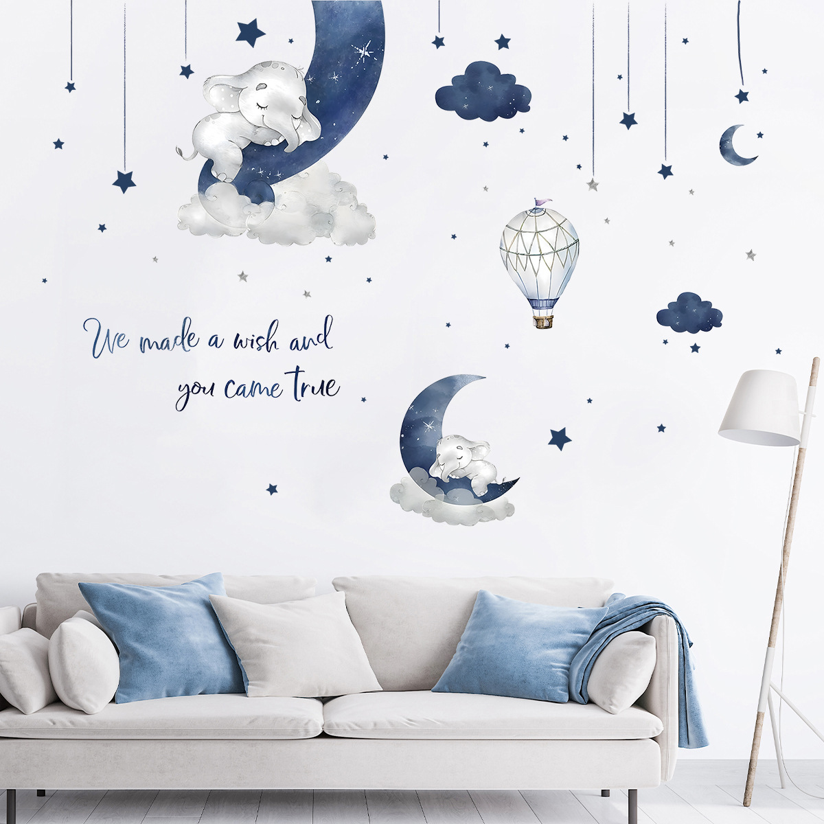 Baby Nursery Decals - Cartoon Elephant Moon Stars Wall Stickers