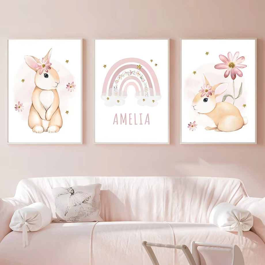 Baby Nursery Mirror - Cute Watercolor Rabbit Rainbow Flowers Nursery