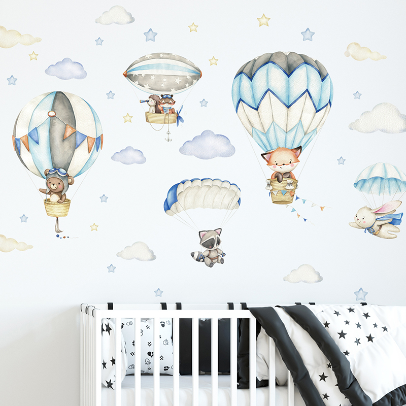 Wall Decal Nursery - Cartoon Cute Animals Hot Air Balloon