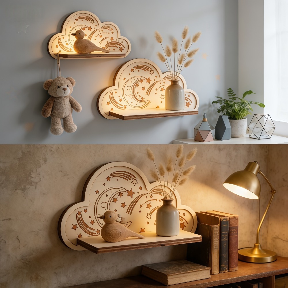 Baby Nursery Hooks - Wooden Cloud Wall Shelf Star Moon