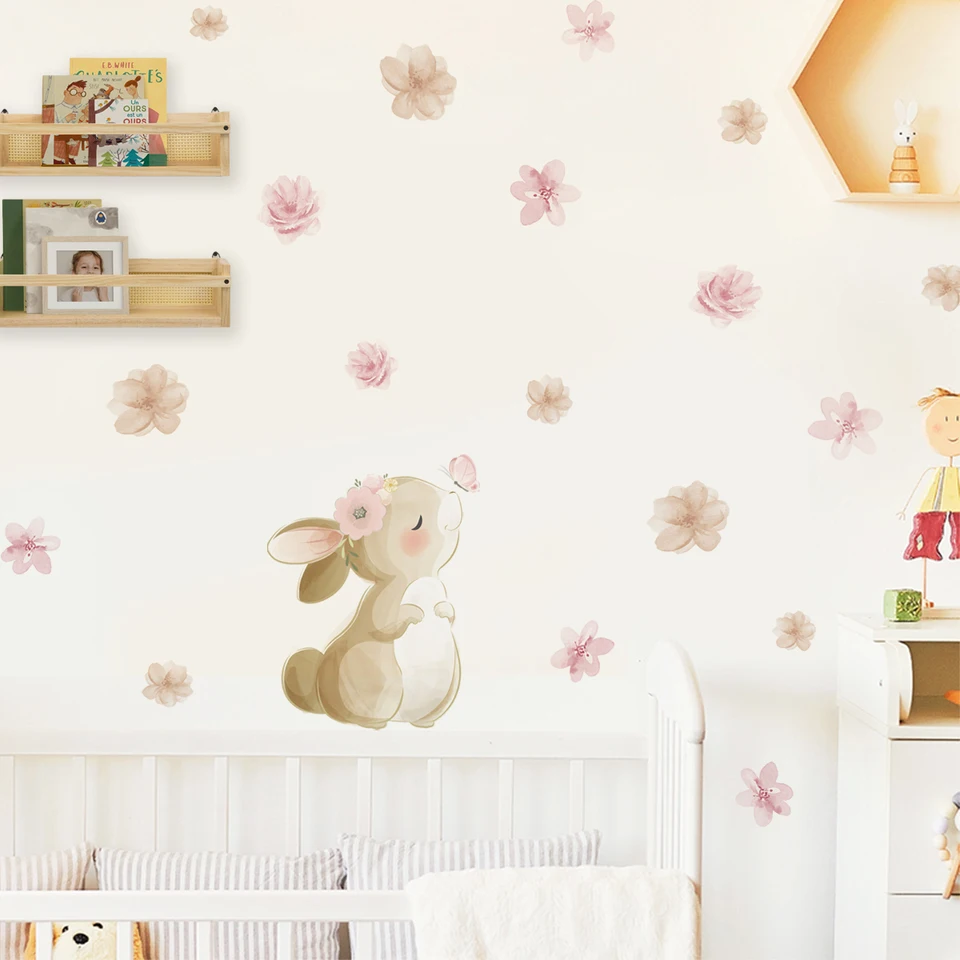Wall Decal Nursery - Boho Style Floral Rabbit Butterfly Wall