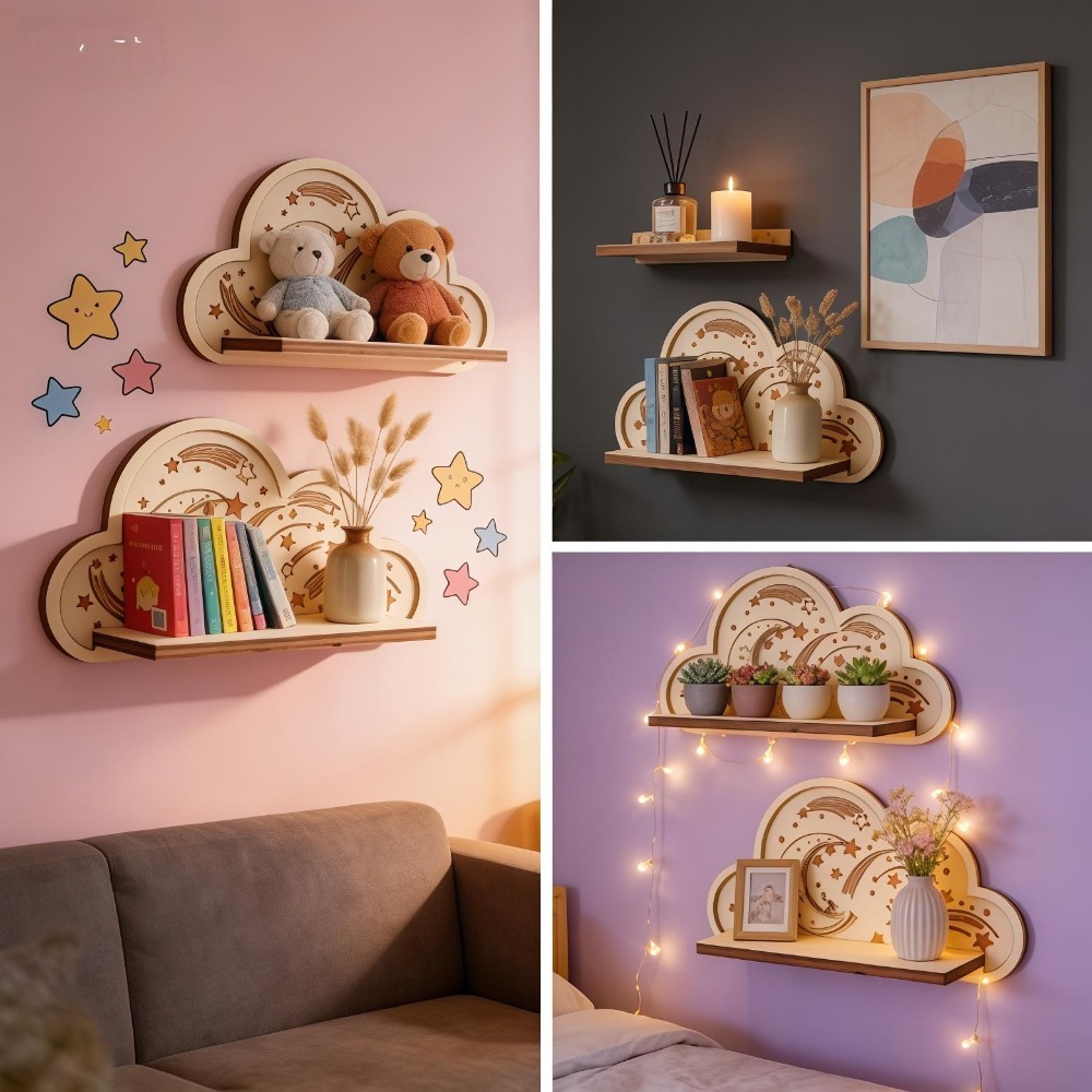 Wooden Cloud Wall Shelf Star M - Baby Nursery Hooks recension och pris